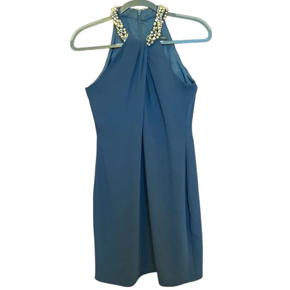 CARMEN MARC VALVO Navy Embellished Beaded Neckline Halter Mini Dress Size 4